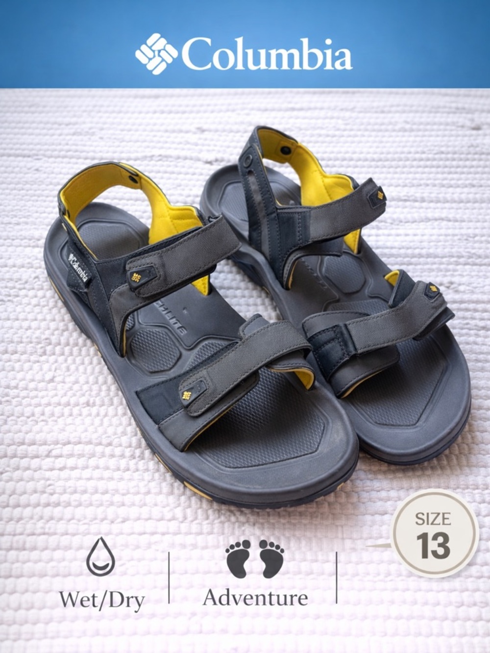 Columbia Techlite Sandals Mens 13 Grey Yellow Trail Hiking Water Outdoor